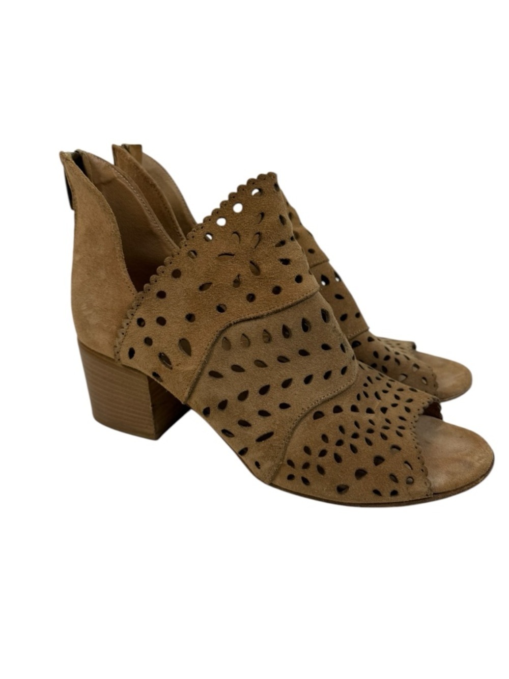 Sundance Laser Cutout Suede Block Heel Camel Booties Made in Italy Sz 40